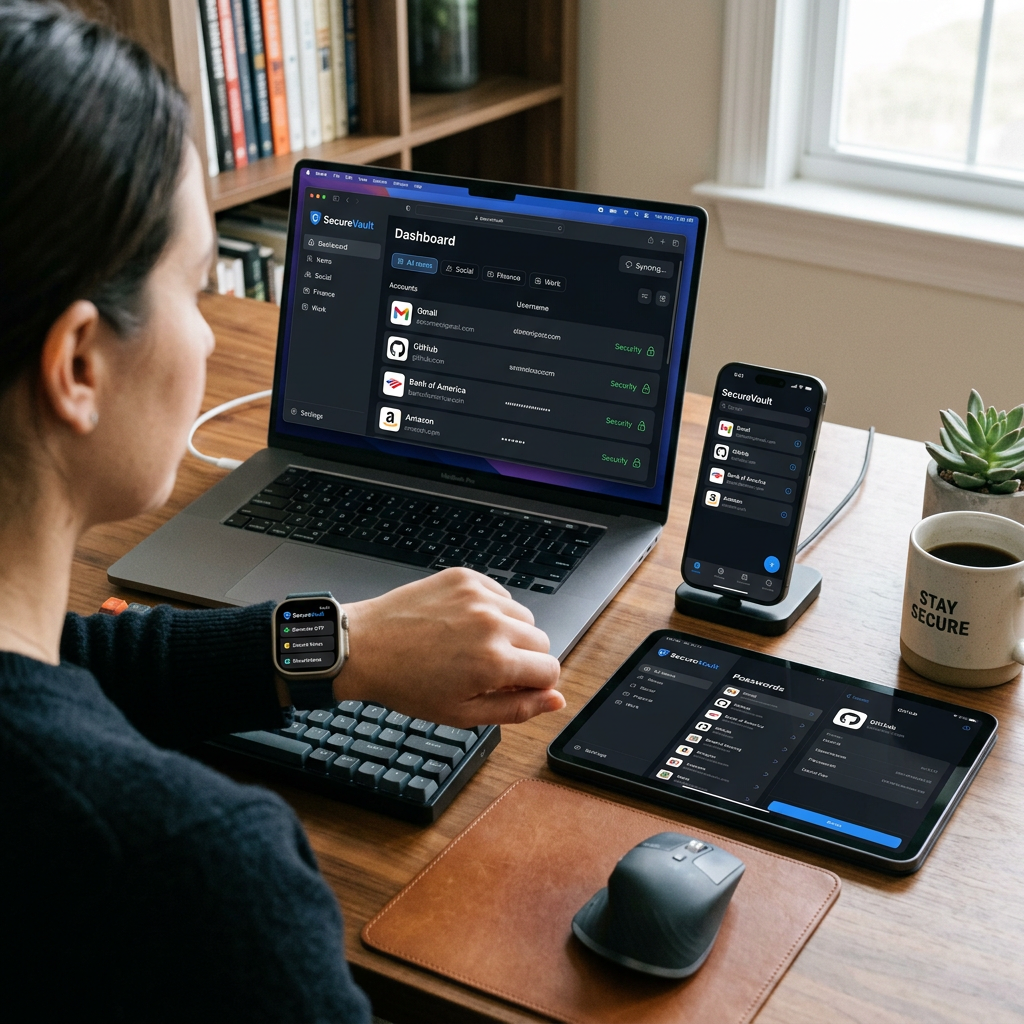 SecureVault password management app displayed on laptop, tablet, smartphone, and smartwatch.